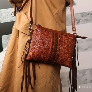 Brown Embossed Leather Crossbody Bag
